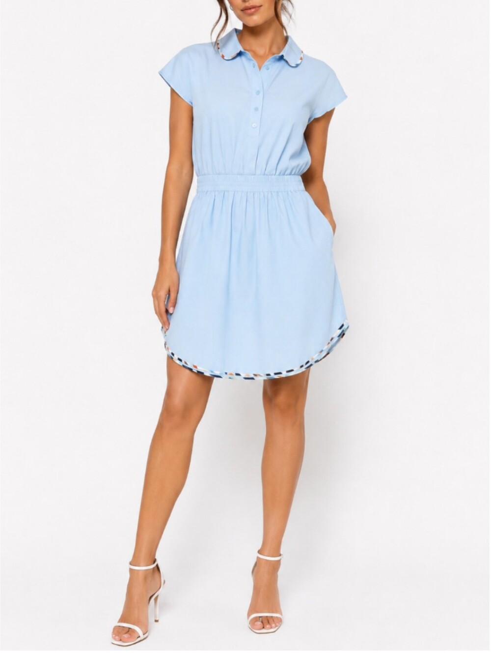 Carven Blue Mini Shirt Dress Smocked 34 S Luxury French Designer Preppy Coquette